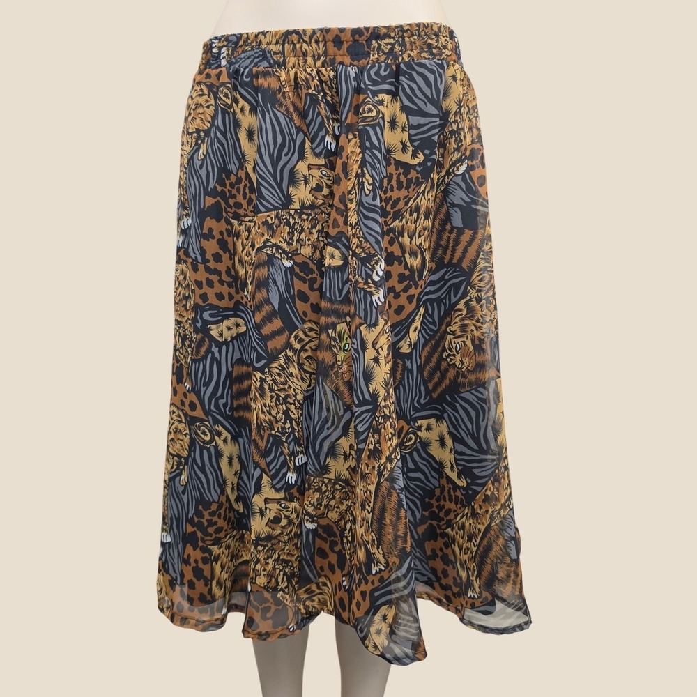 Vintage Leopard Animal Print Midi Skirt Tiger Zebra Chiffon Size 8 Notation Chic